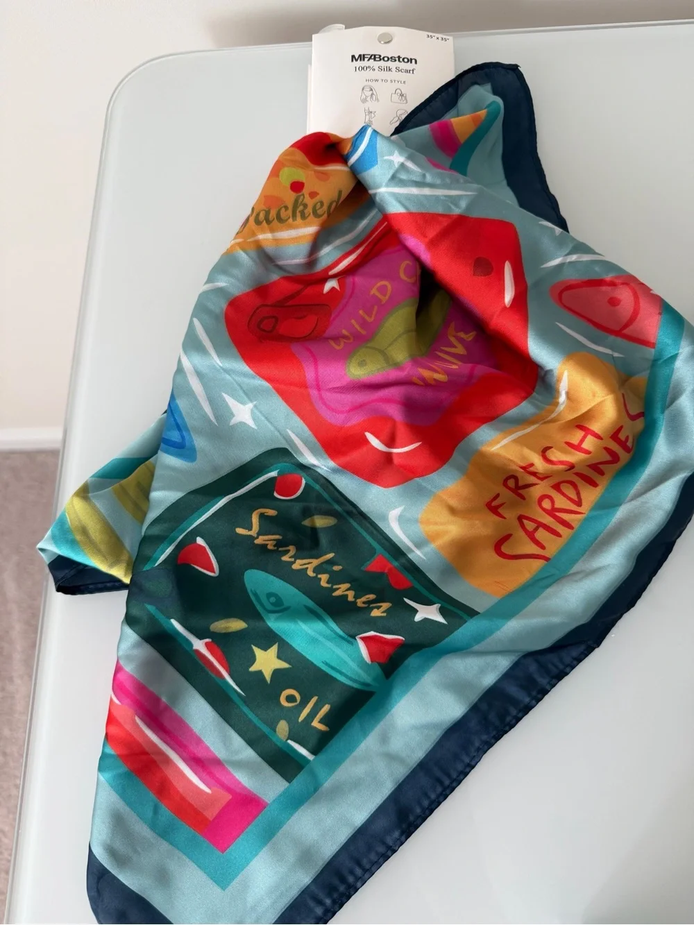 Blue Sardine tin fish Silk Scarf